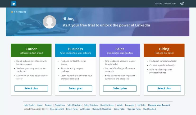 LinkedIn 升级页面的屏幕截图，显示了四个可用的升级计划。