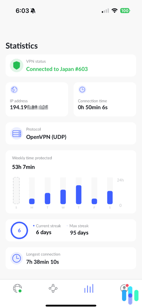 NordVPN 在 iOS 上的使用情况统计屏幕