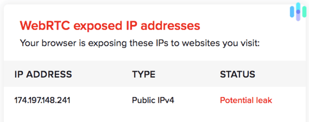 不使用 NordVPN 的 WebRTC 泄漏测试