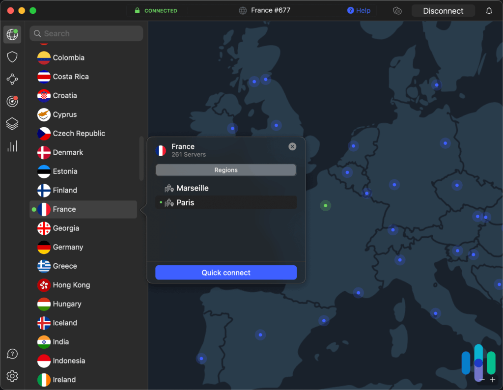 连接到法国巴黎服务器的 NordVPN 桌面应用程序